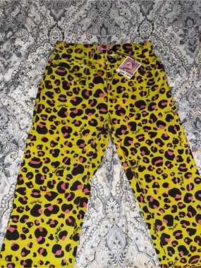 Teddy Fresh Neon Yellow Leopard Print Kids Jeans with Pink & Black Spots